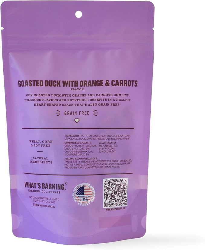 What's Barking Roasted Duck with Orange & Carrots Crunchy Hearts - Premium Dog Treats, Natural Ingredients, No Wheat, Made in USA - 6 Oz (Pack of 3)
