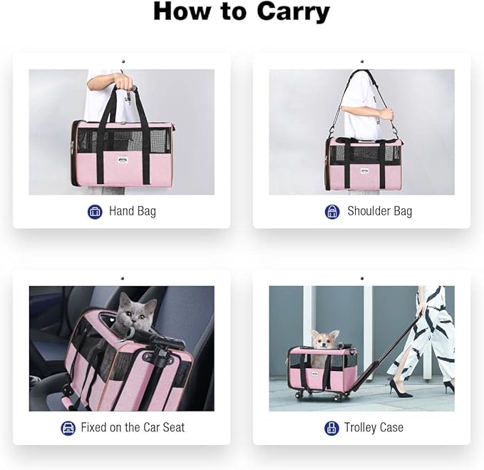 Lekesky Wheeled Pet Carrier Airline Approved, Small Dog Carrier for Puppy and Kitten 15 Lbs, Pet Carrier for Cat, Soft Cat Carrier with Wheels, Collapsible Cat Carrier Bag, Pink
