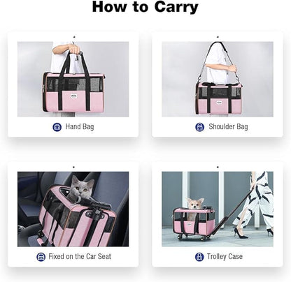 Lekesky Wheeled Pet Carrier Airline Approved, Small Dog Carrier for Puppy and Kitten 15 Lbs, Pet Carrier for Cat, Soft Cat Carrier with Wheels, Collapsible Cat Carrier Bag, Pink