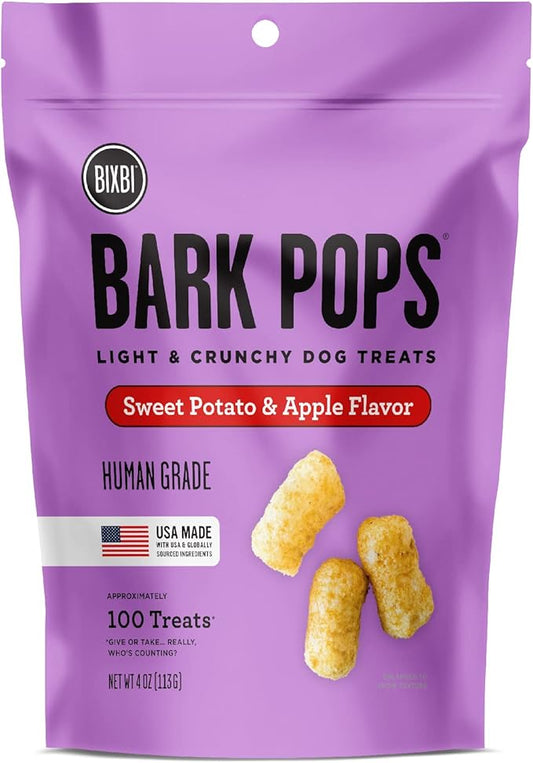 BIXBI Bark Pops, Sweet Potato and Apple (4 oz, 1 Pouch) - Crunchy Small Training Treats for Dogs - Wheat Free and Low Calorie Dog Treats, Flavorful Healthy and All Natural Dog Treats