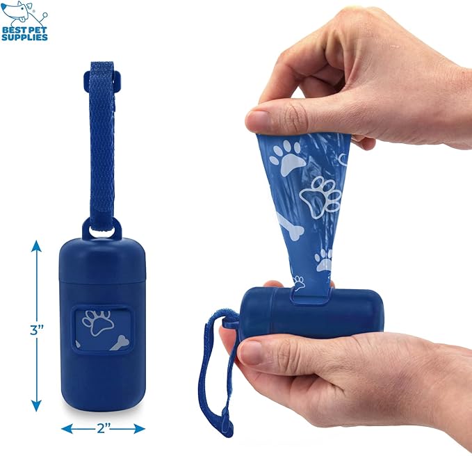Best Pet Supplies Dog Poop Bag Holder Leash Attachment with 30 Bags, Reusable Dispenser for Travel, Walking, Park, and Outdoor Use, Durable with Clip-On - Royal Blue, Pack of 2