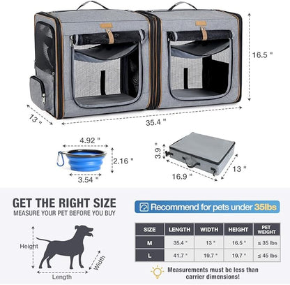 Lekereise 2-in-1 Cat, Dog Carrier for Small Medium Large Pets up to 35 Lbs, (17.7"*2)*16.5"*13" Car Travel Carrier with Litter Box, Bowl, and Locking Zipper - Dark Gray