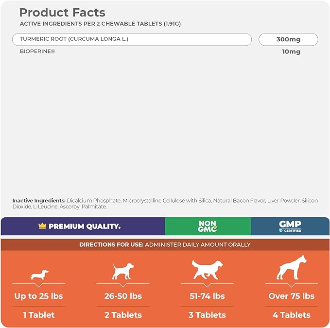 Turmeric for Dogs Anti Inflammatory Pain Relief - 120 Chewable Tablets Hip & Joint Support with Curcumin and BioPerine, Antioxidant, Cardiovascular Health