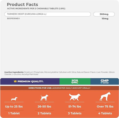 Turmeric for Dogs Anti Inflammatory Pain Relief - 120 Chewable Tablets Hip & Joint Support with Curcumin and BioPerine, Antioxidant, Cardiovascular Health