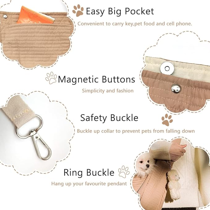 NATUYA Small Dog Carrier Sling for Small Dogs Puppy Cat - Big Pouch Safety Leash Pet Sling Carrier for Walking Outdoor Travel (Brown Long Strap, Canvas)
