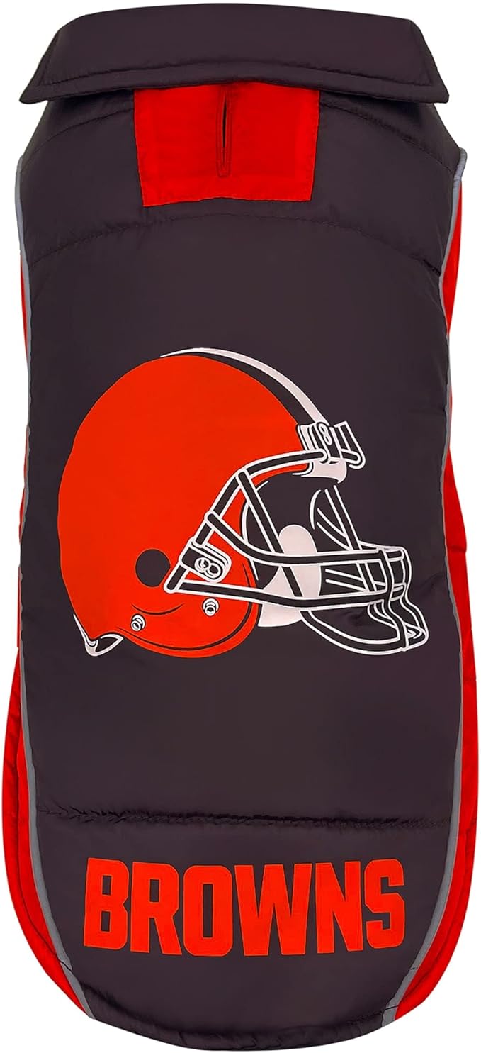 NFL Cleveland Browns Puffer Vest for Dogs & Cats, Size Small. Warm, Cozy, and Waterproof Dog Coat, for Small and Large Dogs/Cats. Best NFL Licensed PET Warming Sports Jacket