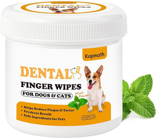 Teeth Cleaning Finger Wipes, Wider Dog Dental Wipes, Reduce Plaque & Tartar, Freshen Breath, Safe & Natural Pet Dental Wipes for Dogs Teeth, Portable Dog Tooth Wipes for Cat,50 Ct, Mint Flavor