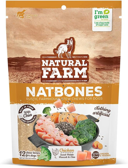 Natural Farm Natbones Superfood, All Natural Chicken Flavor Dog Treats (12 Pack) - Chewy Chicken Protein with Chia, Sweet Potato, Brocolli and Omega - Soup Bone, Dog Chews Engaging Dual Texture