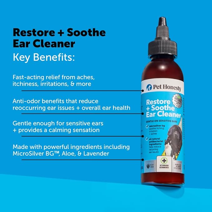 Pet Honesty Restore + Soothe Ear Cleaner for Dogs & Cats, Soothes Itching, Gentle on Sensive Ears, Irritation and Aches (Aloe Vera) - 4oz