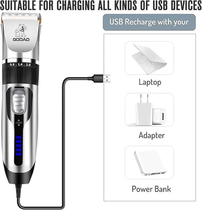 Dog Clippers Grooming Kit and Paw Trimmer,Cordless,Low Noise, Electric Quiet,Rechargeable, Dog Trimmer Grooming, Pet Hair Clippers for Thick Coats,Shaver for Small and Large Dogs Cats(Silver)
