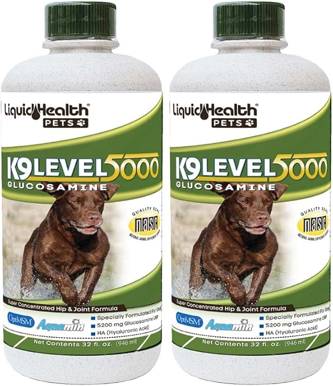 LIQUIDHEALTH 32 Oz K9 Liquid Glucosamine for Dogs Level 5000 with Glucosamine Chondroitin, Dogs MSM, Boswellia Serrata – for Dog Hip and Joint Health, Pain, Oil - 2 Pack