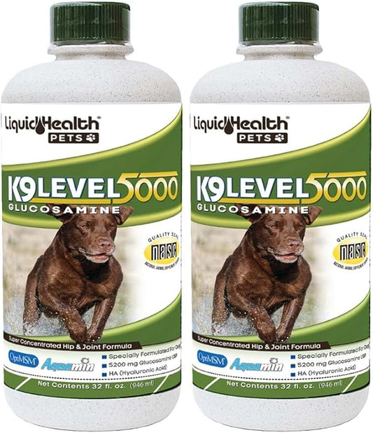 LIQUIDHEALTH 32 Oz K9 Liquid Glucosamine for Dogs Level 5000 with Glucosamine Chondroitin, Dogs MSM, Boswellia Serrata – for Dog Hip and Joint Health, Pain, Oil - 2 Pack