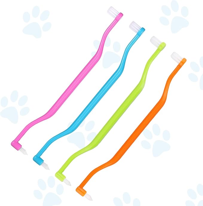 4pcs Cat Toothbrushes, 6.3x0.63in Double Sided Small Dog Pet Kitten Puppy Toothbrush Teeth Cleaning Brush Tooth Brushing with Curved Handle Micro Head Cat Dental Care Reduce Plaque Tartar Formation