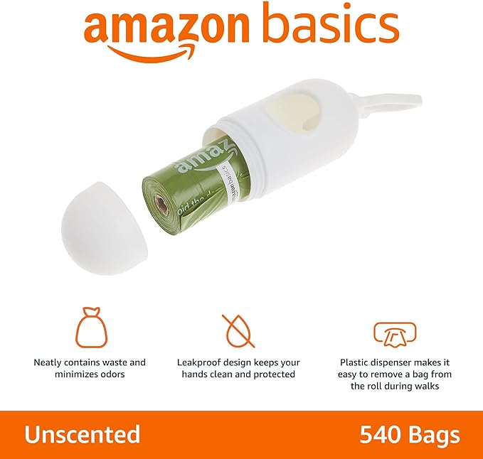 Amazon Basics Leak Proof Dog Poop Bags with Dispenser and Leash Clip, Unscented, 13 x 9 Inches - 540 Count (15 Bags per Roll, 36 Rolls)