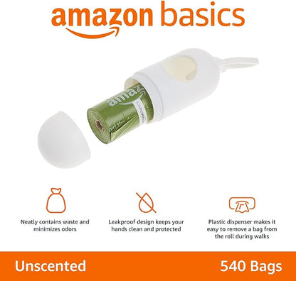 Amazon Basics Leak Proof Dog Poop Bags with Dispenser and Leash Clip, Unscented, 13 x 9 Inches - 540 Count (15 Bags per Roll, 36 Rolls)