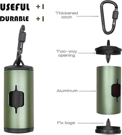 Metal Dog Poop Bags Holder Aluminum Poo Bags Dispenser with Pet Waste Bags 3 Leash Clasp and Elastic Rope for Used Bags(1 Holder 135 Bags,Dark Green)