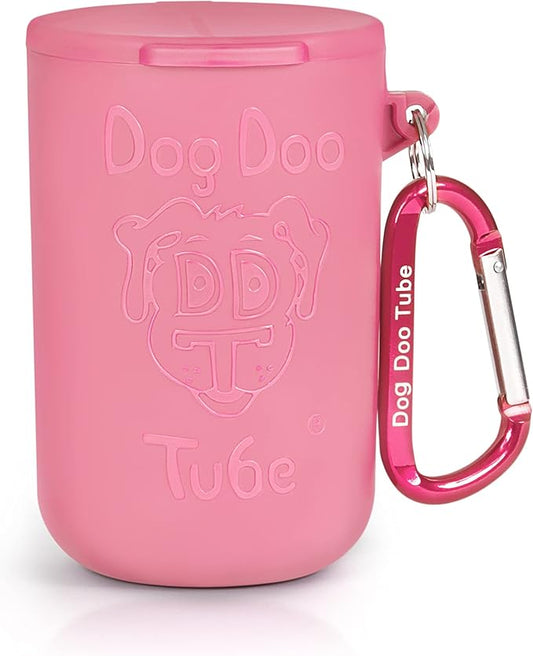 Dog Doo Tube Reusable Dog Poop Holder For Dog Walkers - Carries Used Dog Poop Bags - Tight Fitting Lid Keeps in Odors - Dog Waste Carrier - Attachable to Dog Leash, Harness or Waist (Medium, Pink)