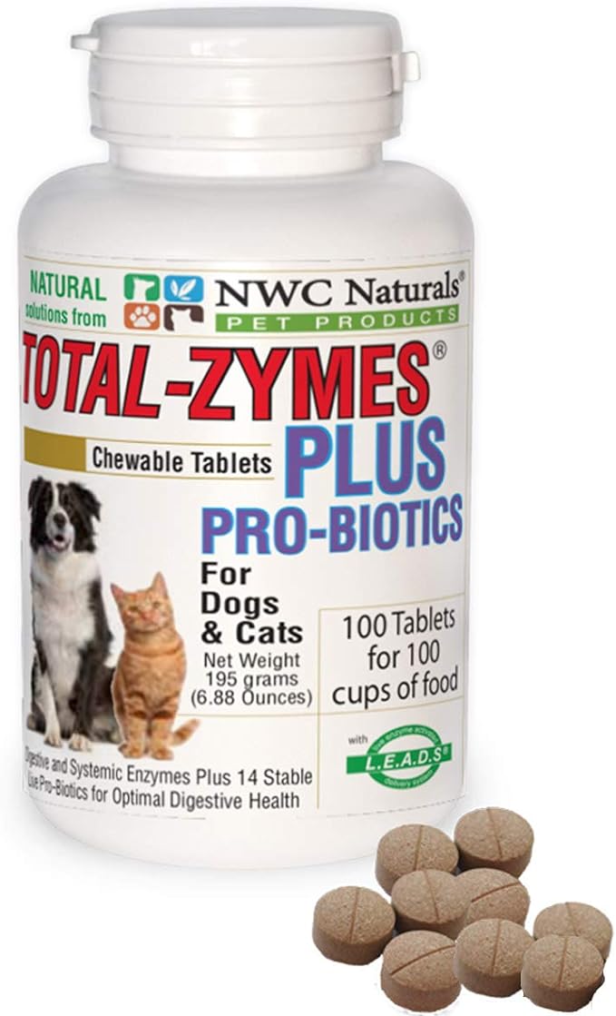 Total-Zymes PLUS Vegetarian Digestive Enzymes for Dogs & Cats, Supports a Healthy Digestive Tract & Immune System, Advanced Probiotics & Prebiotics- 100 Chewable Tablets by NWC Naturals