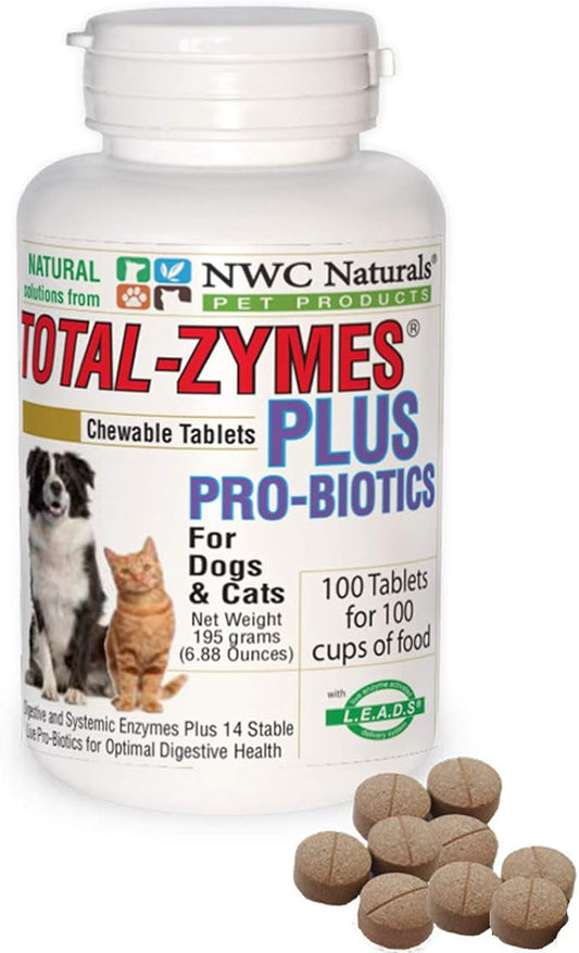Total-Zymes PLUS Vegetarian Digestive Enzymes for Dogs & Cats, Supports a Healthy Digestive Tract & Immune System, Advanced Probiotics & Prebiotics- 100 Chewable Tablets by NWC Naturals