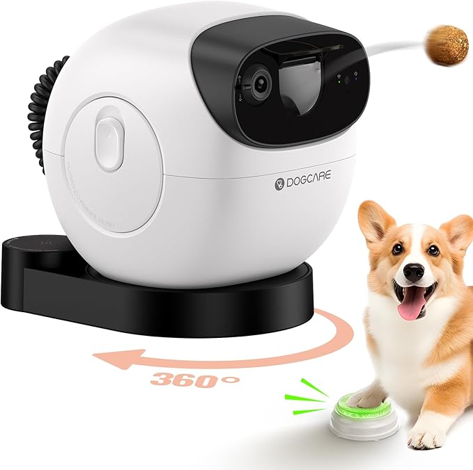 DOG CARE Pet Camera Treat Dispenser with Dog Button, 360° View Smart Dog Camera with Motion Tracking, Barking Alert, Night Vision, 5G WiFi Pan/Tilt Dog Security Camera for Dogs Cats