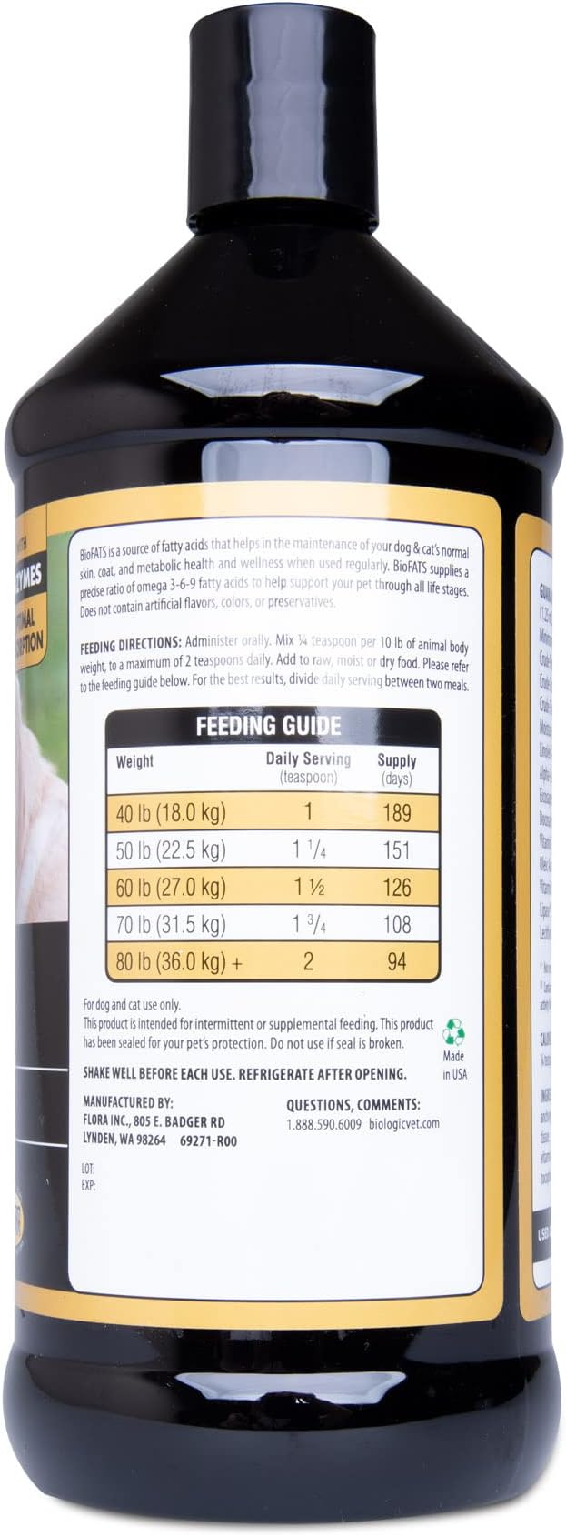 BioFATS Omega 3-6-9 Fatty Acid with EPA & DHA, Supports Healthy Skin, Coat and General Wellness, 94-Day Supply for 80-lb. Animal, 32-fl. oz. Bottle