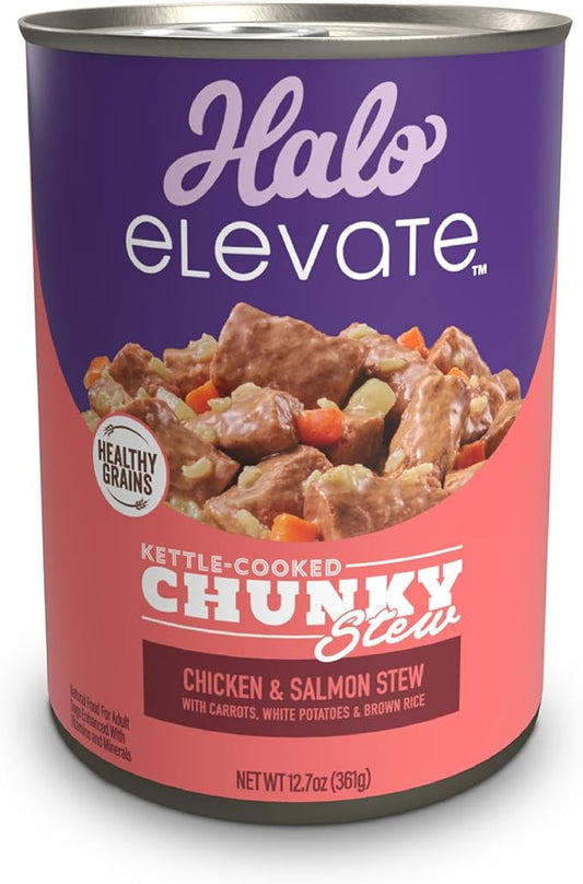 Halo Elevate Wet Dog Food, Kettle Cooked Chunky Healthy Grains Chicken & Salmon Stew with Carrots, White Potatoes and Brown Rice, 12.7oz (Pack of 6)