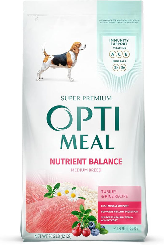 OPtimeal Dry Dog Food for Medium Dogs - Proudly Ukrainian - Dog Food Dry Recipe with High-Protein to Support Healthy Digestion for Medium Breeds (26.5 lbs, Turkey & Rice)