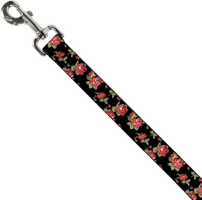 Buckle-Down Dog Leash Red Roses Scattered Black 6 Feet Long 1.0 Inch Wide, Multicolor (DL-6FT-W31852)