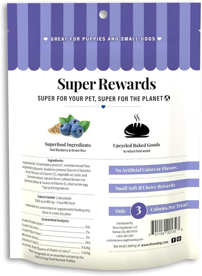 Three Dog Bakery Soft and Chewy Super Rewards with Superfoods Dog Treats, Low Calorie Dog Training Treats for Dogs, Blueberry Cobbler Flavor, 5 Ounce Resealable Bag
