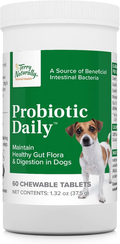 Terry Naturally Animal Health Probiotic Daily - 60 Chewable Tablets - Probiotics for Dogs, Beneficial Intestinal Bacteria to Maintain Healthy Gut Flora & Digestion - Canine Only - 60 Servings