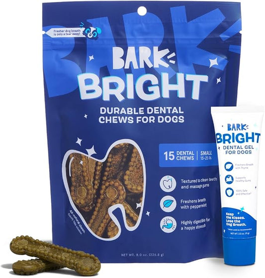 Bark Bright Durable Dental Chews Kit - Dog Tooth Brushing Treatment with Teeth Cleaning Chew Sticks & Toothpaste - Plaque & Tartar Remover for Cleaner Teeth & Fresh Breath - Small Breeds - 15 Chews