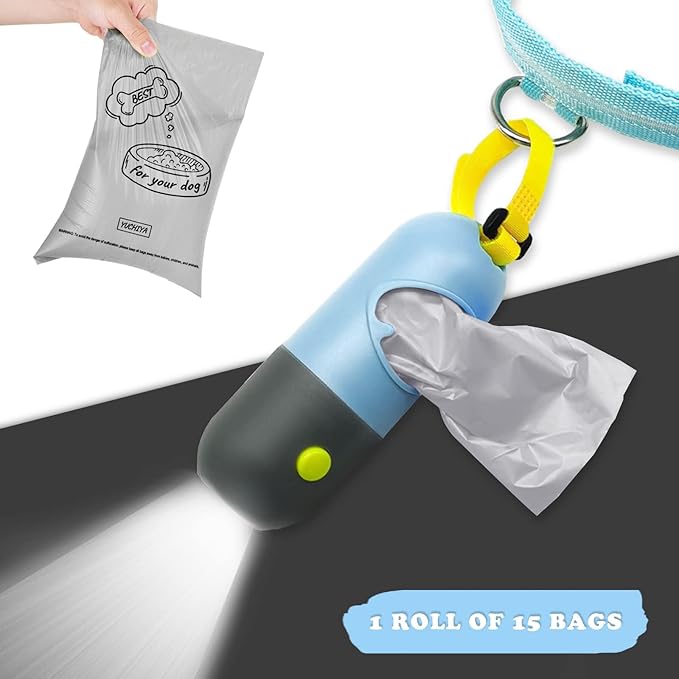 Dog Poop Bag Dispenser with Flashlight|Dog Poop Bag Holder with Leash Clip|Hands-Free Leash Poop Bag Holder with Straps and 1 Roll Dog Waste Bags (Blue)