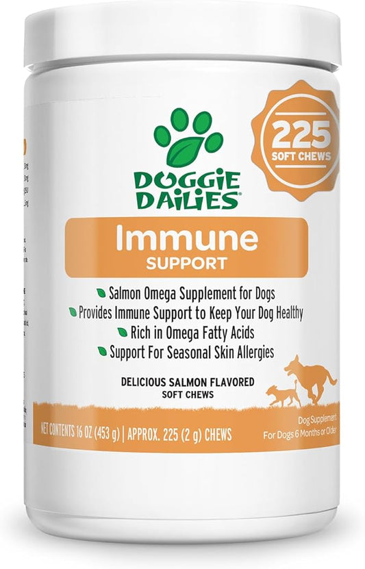 Doggie Dailies Omega 3 for Dogs, 225 Soft Chews, Salmon Oil for Dogs with Apple Cider Vinegar, Bee Pollen, Kelp, Zinc & Biotin - for Healthy Skin & Coat, Immune System & Seasonal Allergy Support