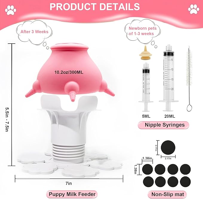 Puppy Feeders for Multiple Puppies - Height Adjustable Puppy Bottles for Nursing Puppy Milk, 10.2oz 5 Nipple Kitten Bottle with 2 Syringes for Newborn Animal, Feeding Station Milk Replacer
