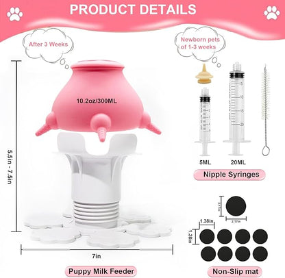 Puppy Feeders for Multiple Puppies - Height Adjustable Puppy Bottles for Nursing Puppy Milk, 10.2oz 5 Nipple Kitten Bottle with 2 Syringes for Newborn Animal, Feeding Station Milk Replacer