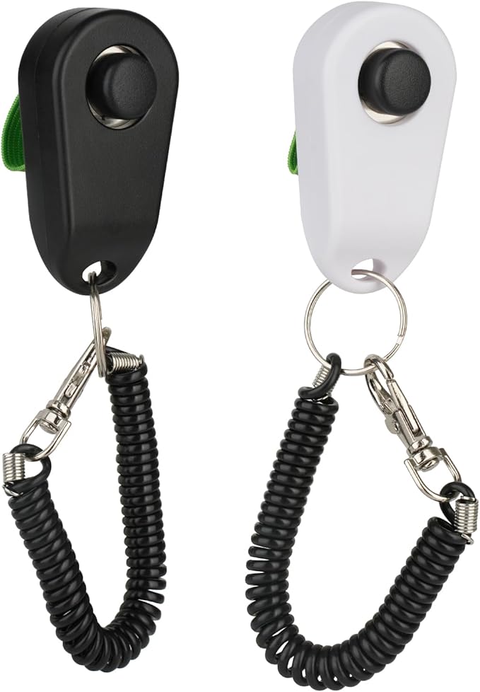 Dog Training Clicker with Finger Ring and Wrist Strap 2 Pack (Black & White) - Versatile Puppy Trainer & Pet Behavior Aid