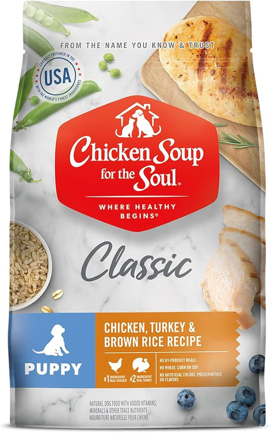 Chicken Soup For The Soul Pet Food Classic Dry Puppy Food, Chicken, Turkey & Brown Rice Recipe, 4.5 Pound Bag | Soy Free, Corn Free, Wheat Free, Dry Dog Food Made with Real Ingredients