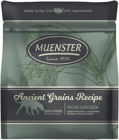 Muenster Ancient Grains Dog Food (4lb) - Chicken Flavored Dry Dog Food for Large Dogs - Gluten Free, Non-GMO High Protein Dog Food - Healthy Digestive Large Breed Dog Kibble