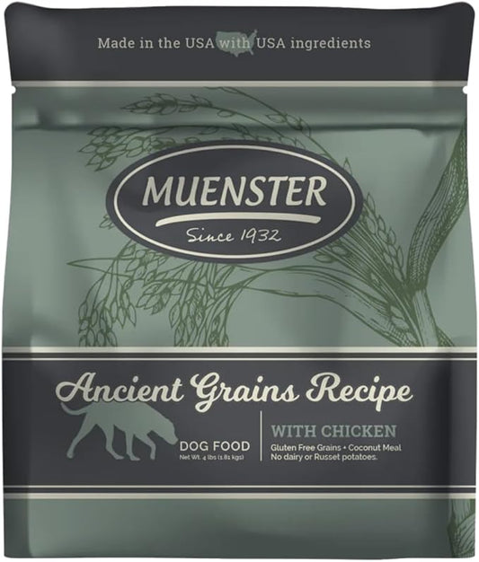 Muenster Ancient Grains Dog Food (4lb) - Chicken Flavored Dry Dog Food for Large Dogs - Gluten Free, Non-GMO High Protein Dog Food - Healthy Digestive Large Breed Dog Kibble