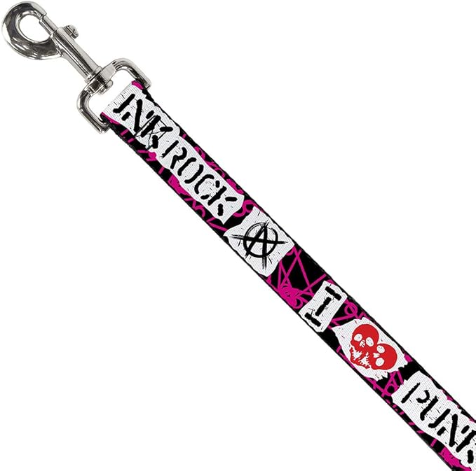 Dog Leash I Heart Punk Rock Safety Pins Black Fuchsia White 4 Feet Long 1.5 Inch Wide