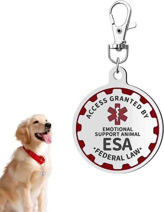 Emotional Support Dog Tag Emotional Support Dog Tag Metal Pet ID Tags ESA Tag Red Medical Alert Symbol Double Sided, Navy Lettering l Easily Switch Between Collars Harness and Vest.