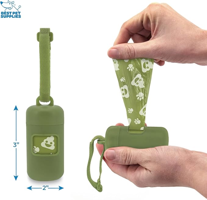 Best Pet Supplies Dog Poop Bag Holder Leash Attachment with 30 Bags, Reusable Dispenser for Travel, Walking, Park, and Outdoor Use, Durable with Clip-On - Green, Pack of 2