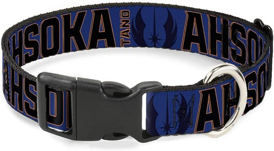 Star Wars Pet Collar, Dog Collar Plastic Buckle, Star Wars Tano Ahsoka Pose and Jedi Order Insignia Blues, 9.5 to 13 Inches 1.0 Inch Wide