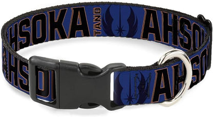 Star Wars Pet Collar, Dog Collar Plastic Buckle, Star Wars Tano Ahsoka Pose and Jedi Order Insignia Blues, 7 to 8.5 Inches 0.5 Inch Wide