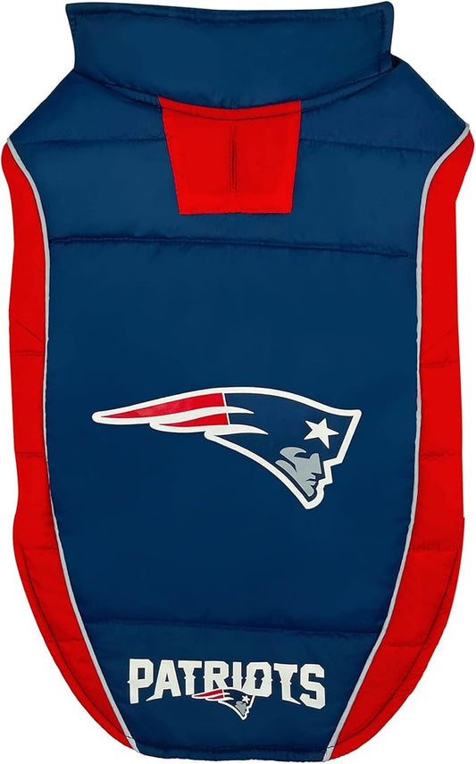 NFL New England Patriots Puffer Vest for Dogs & Cats, Size Medium. Warm, Cozy, and Waterproof Dog Coat, for Small and Large Dogs/Cats. Best NFL Licensed PET Warming Sports Jacket
