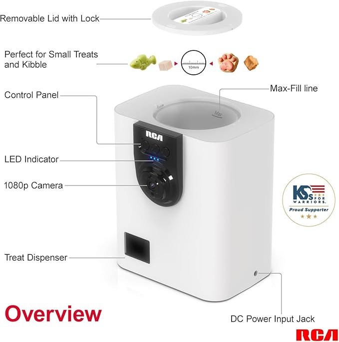 RCA Dog & Cat Smart Camera Treat Dispenser, WiFi-Enabled, 1080p HD Camera, Two-Way Audio, App Control, Compatible with Alexa & Google Assistant – for Small Treats & Kibble