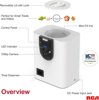 RCA Dog & Cat Smart Camera Treat Dispenser, WiFi-Enabled, 1080p HD Camera, Two-Way Audio, App Control, Compatible with Alexa & Google Assistant – for Small Treats & Kibble