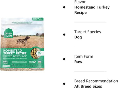 Open Farm Freeze Dried Raw Dog Food, Humanely Raised Meat Recipe with Non-GMO Superfoods and No Artificial Flavors or Preservatives (13.5 Ounce (Pack of 1), Homestead Turkey Recipe)