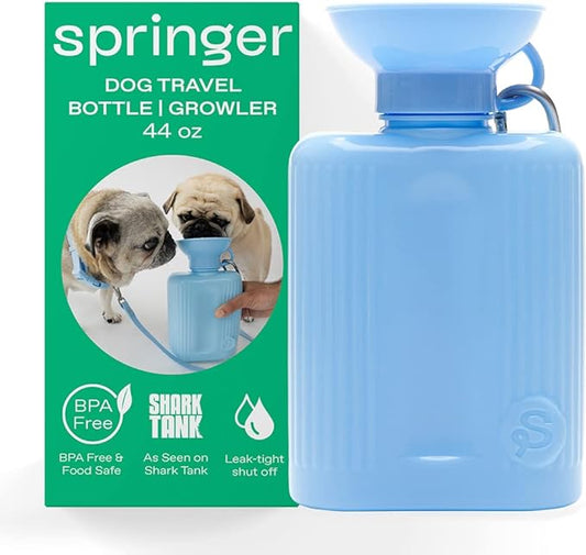 Springer Dog Water Bottle | Portable Travel Water Bottle Dispenser for Dogs - As Seen on Shark Tank | Patented, Leak-Proof Bottles Fill Bowl with Water - Ideal for Walking | BPA-Free 44oz Blue