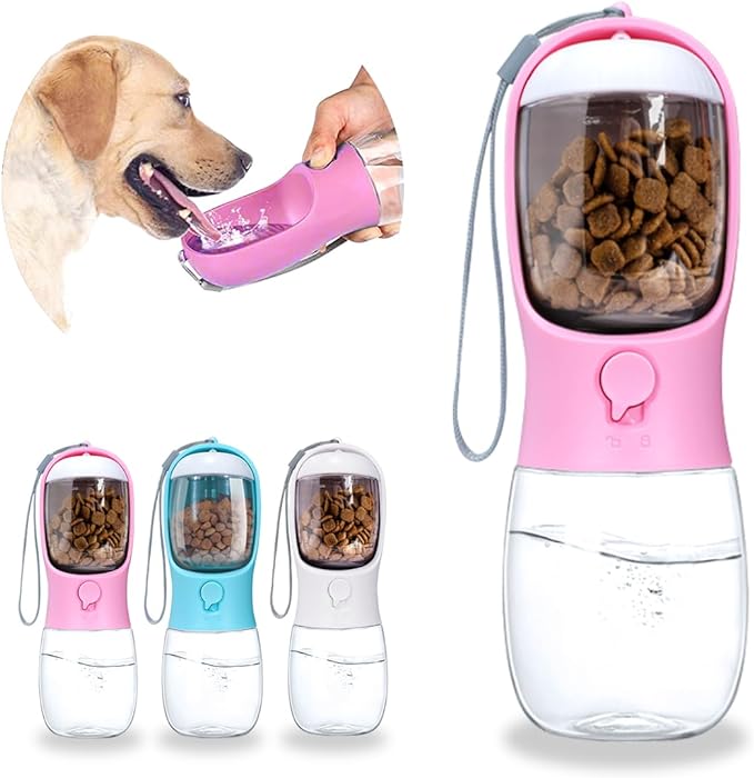 Dog Water Bottle 2 in 1, Leak Proof Portable Pet Water Bottle with Food Container, Outdoor Portable Water Dispenser for Cat, Puppy for Walking, Hiking, Camping, Travel(10oz Pink)